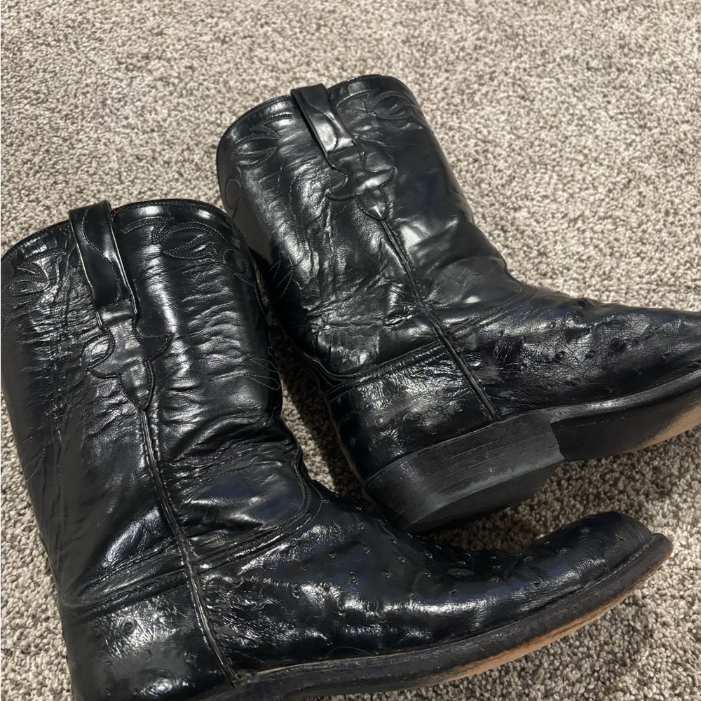 Vintage Lucchese Men's Black Leather and Ostrich Cowboy Boots - Picture 3 of 10